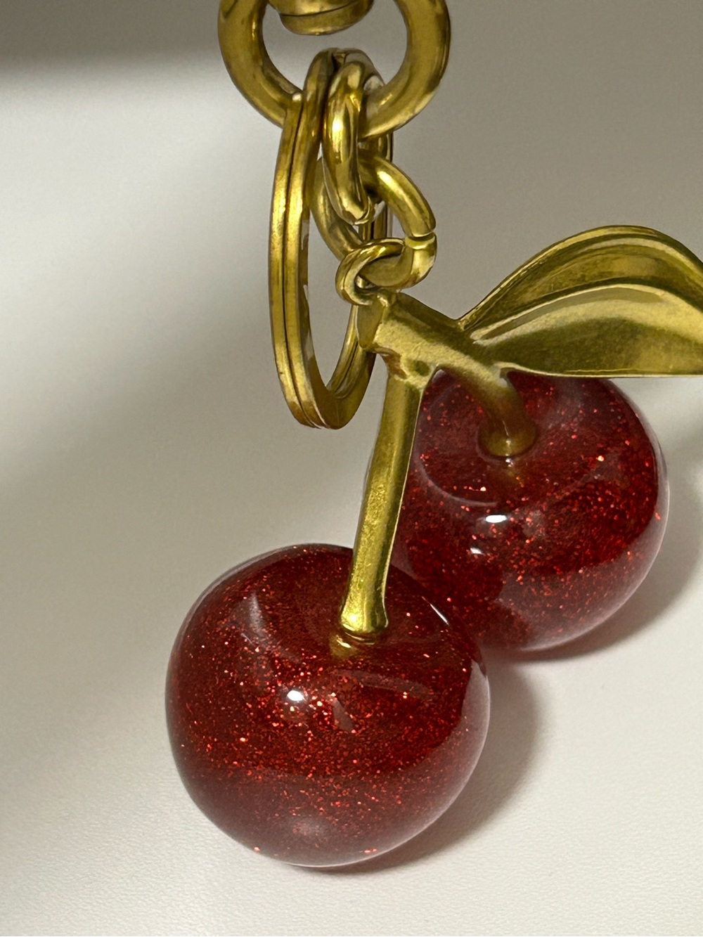 Gold brass Cherry Keychain with Red Glitter Charms